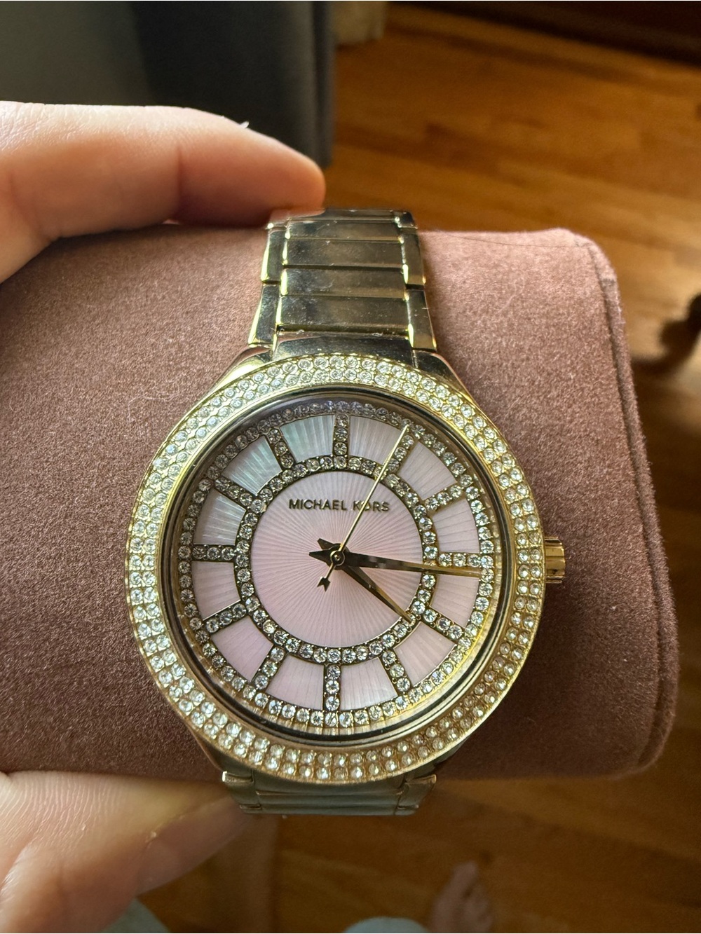 Michael Kors Gold-Tone Watch with Pink Mother-of-Pearl Dial and Crystal Accents